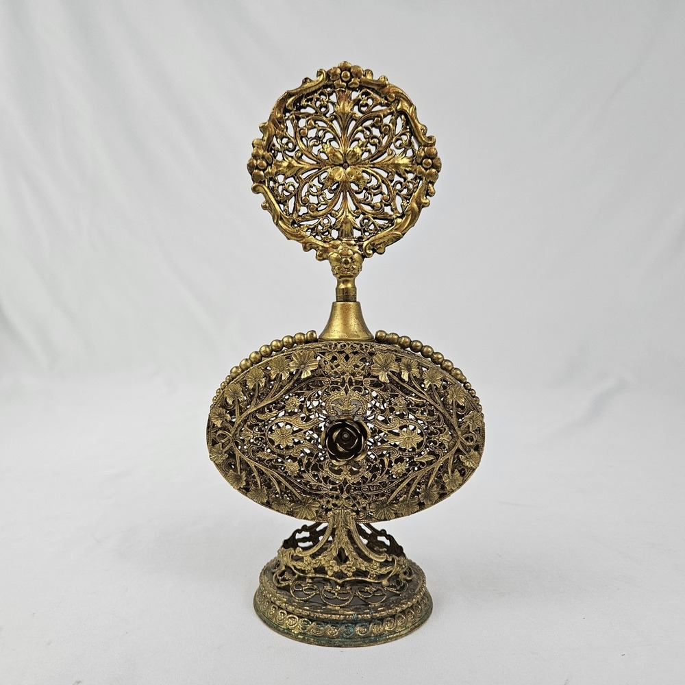 Vintage Brass Filigree Floral Ormolu Perfume Bottle Antique Victorian Ornate - Picture 2 of 12